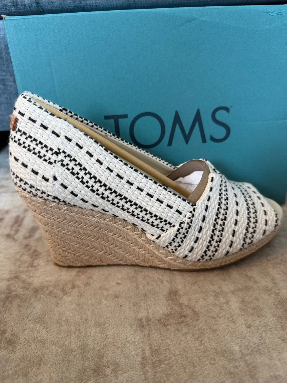TOMS Michelle Cream and Black Woven Espadrille Wedge Peep Toe